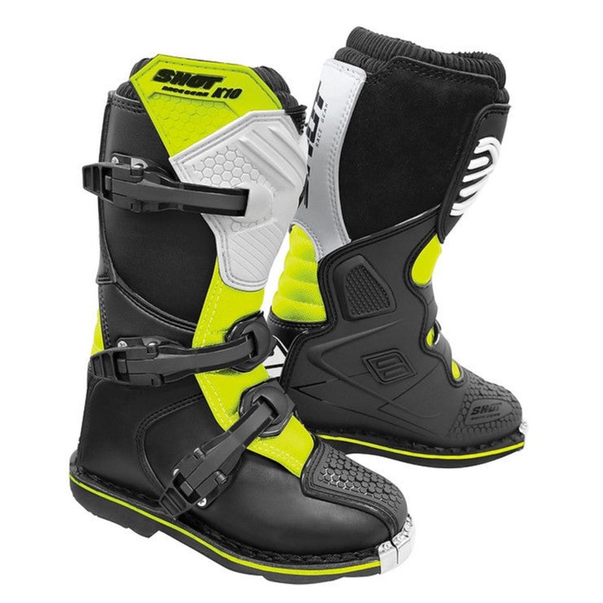 Shot K10 20 Kids MX Boots Black White Neon Yellow