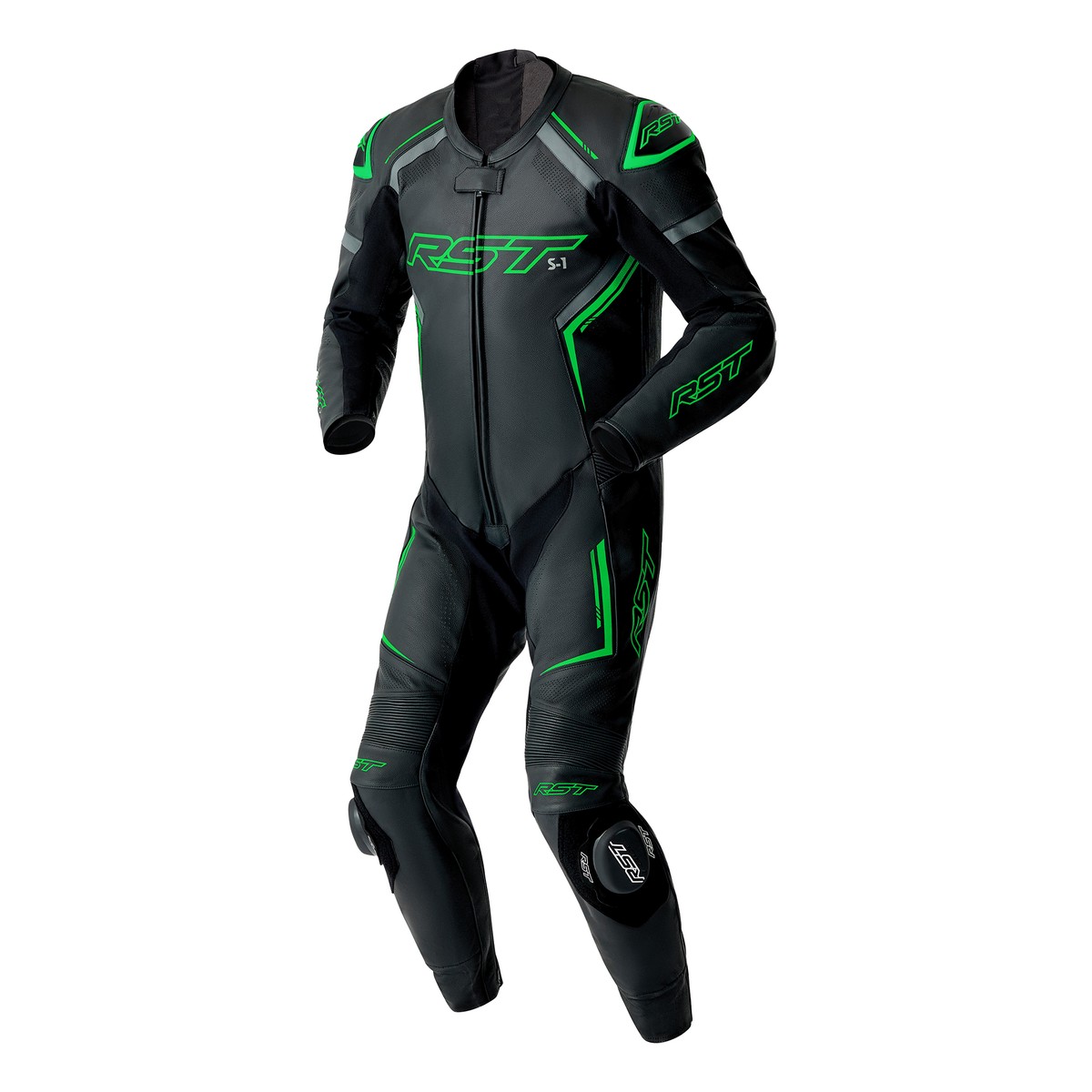RST S1 D3O One Piece Leather Suit Black Grey Fluo Green