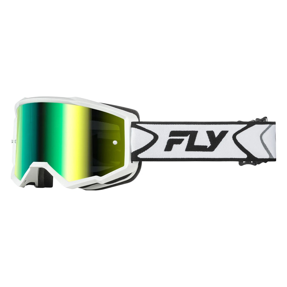 Fly Racing Zone Goggles White Black With Iridescent Green Mirror Lens